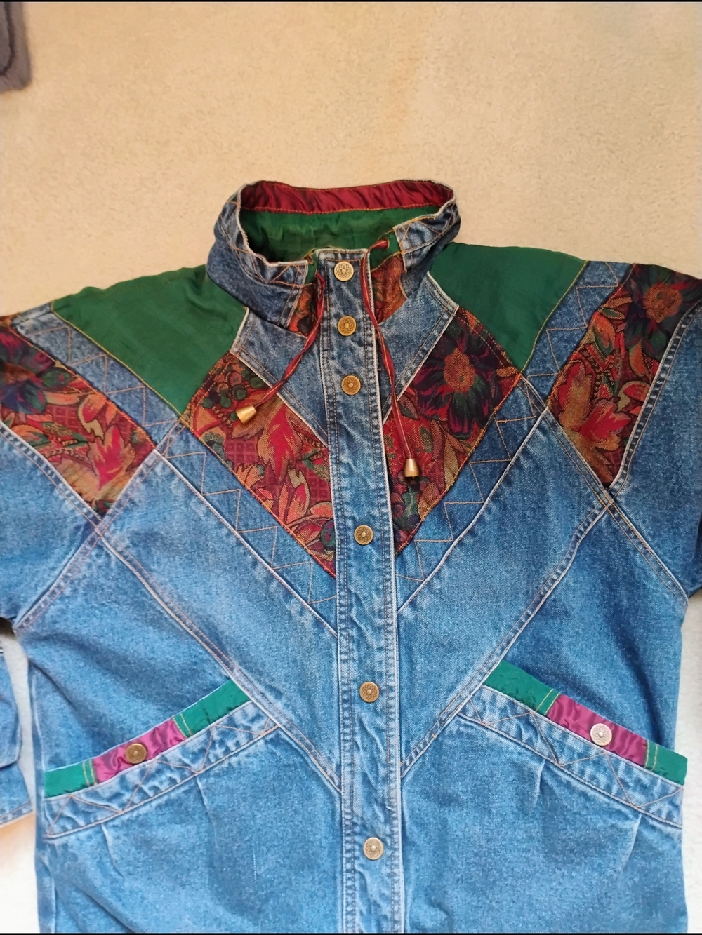 Patchwork Vintage Blue Denim Jacket with Green & Burgundy Accents Size M
